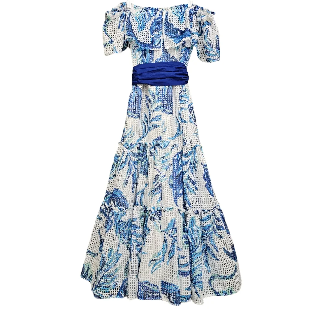 Nwt Lilly Pulitzer Sona White/Blue Floral Off Shoulder Tiered Mesh Midi Dress - Picture 5 of 17